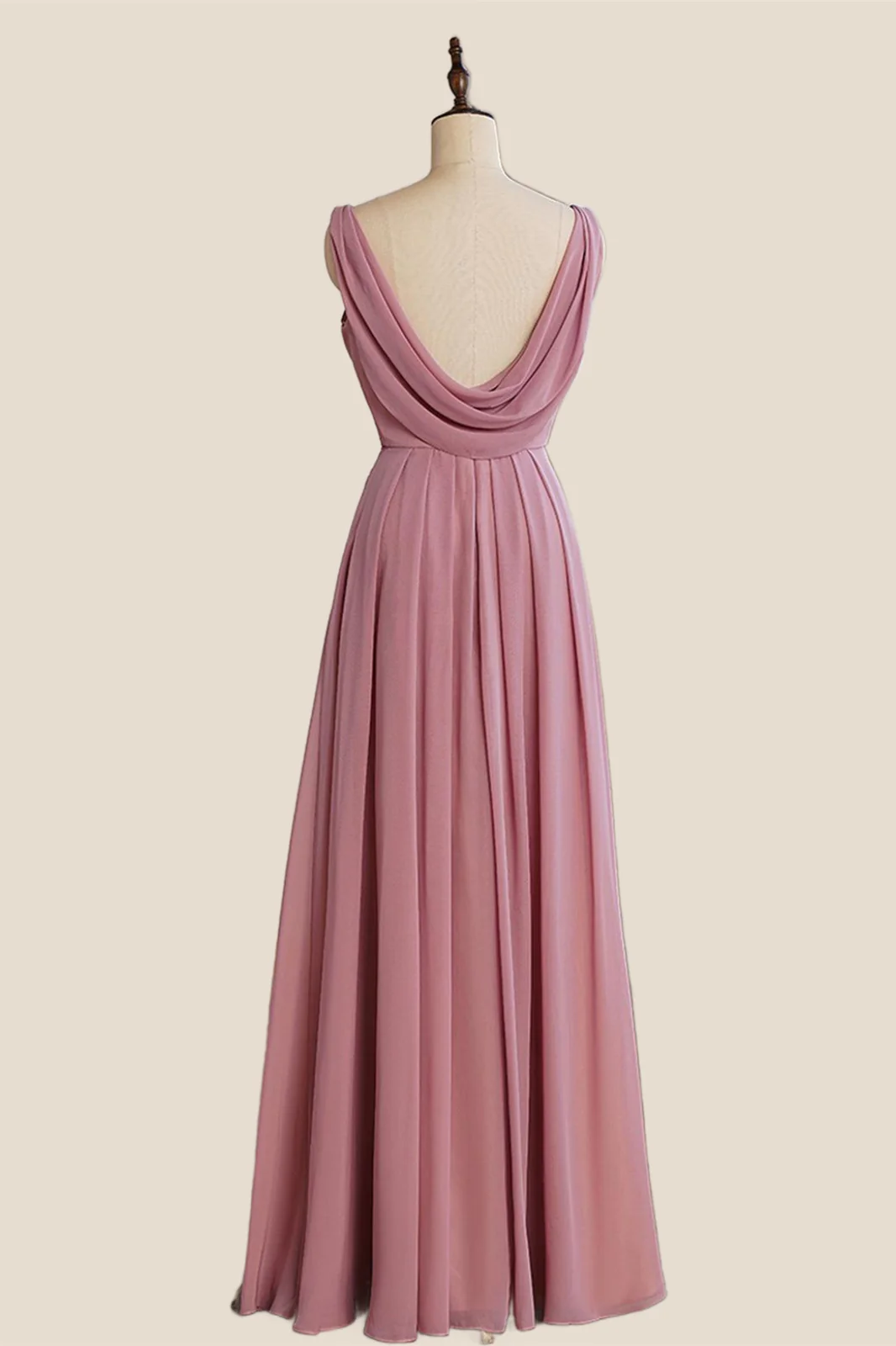 V Neck Rose Pink Chiffon Cowl Back Long Bridesmaid Dress - Image 2
