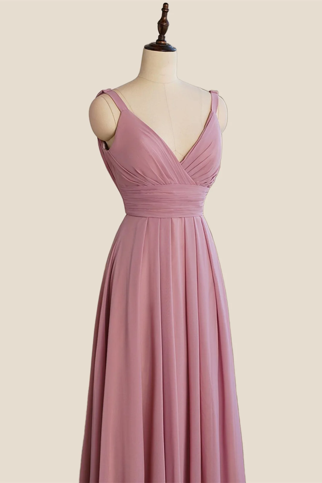 V Neck Rose Pink Chiffon Cowl Back Long Bridesmaid Dress - Image 3