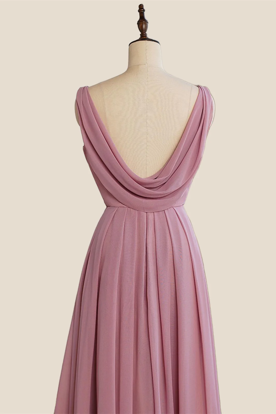 V Neck Rose Pink Chiffon Cowl Back Long Bridesmaid Dress - Image 4