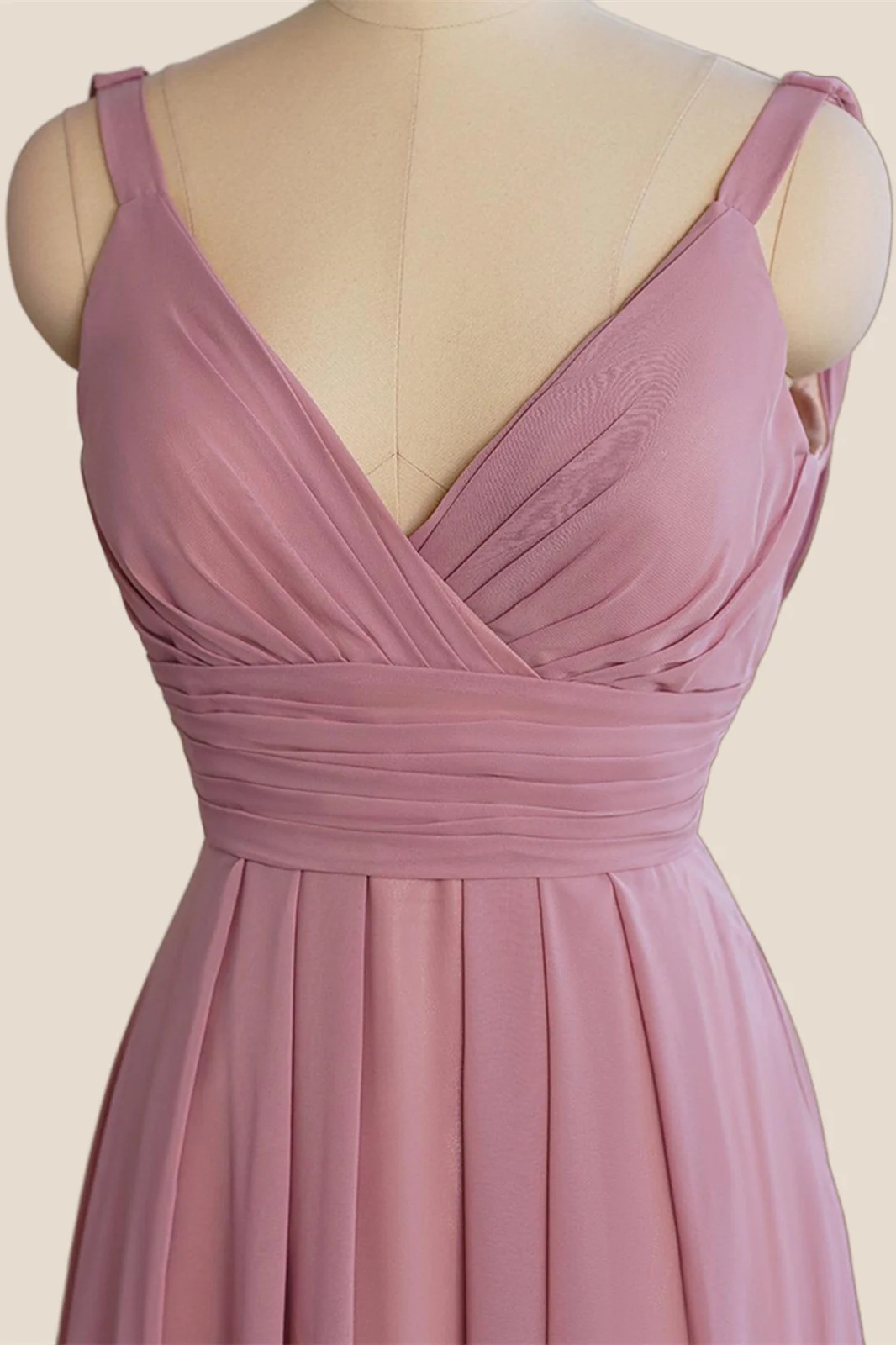 V Neck Rose Pink Chiffon Cowl Back Long Bridesmaid Dress - Image 5