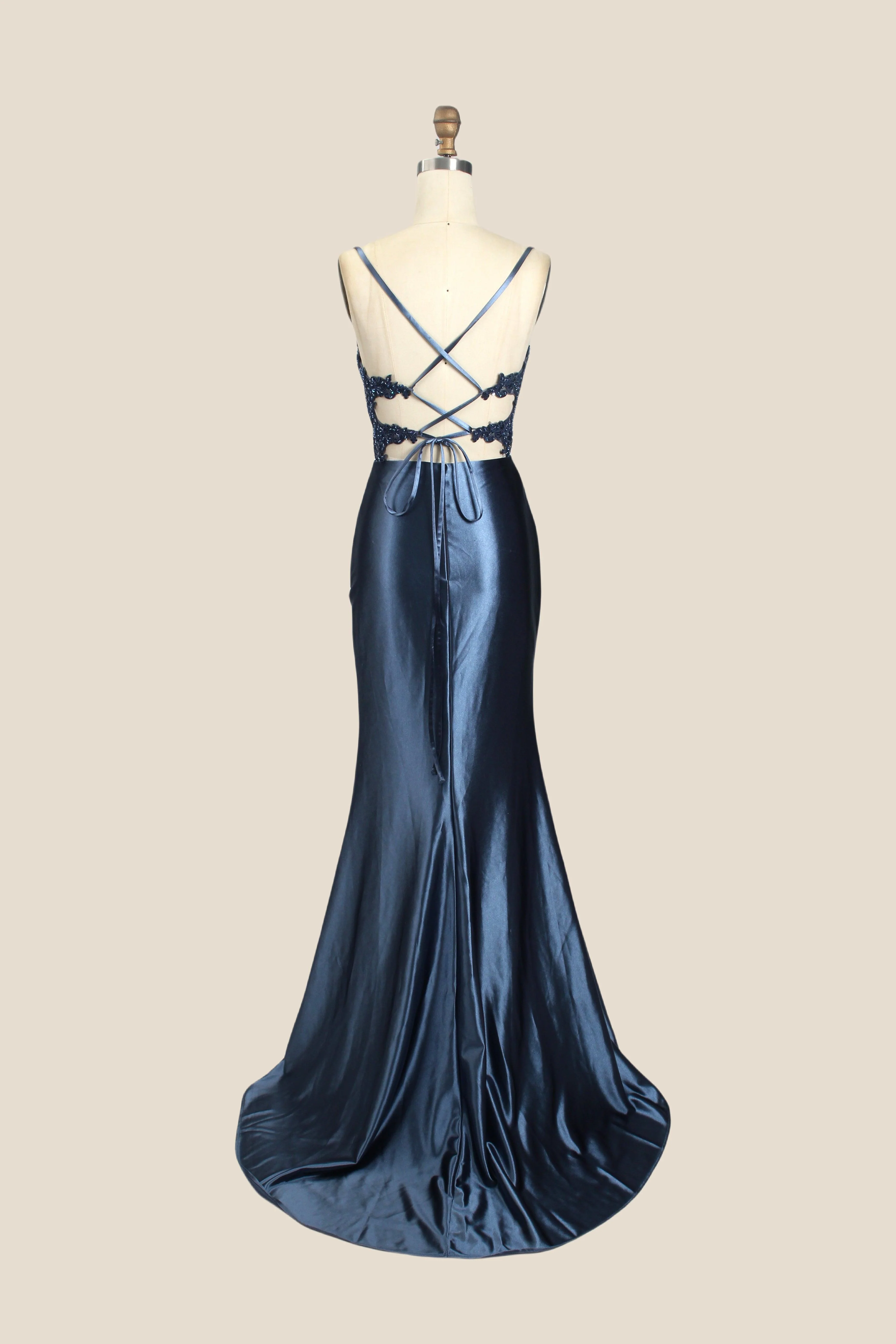 V-neck Sage Green Appliques Mermaid Long Dress - Image 12