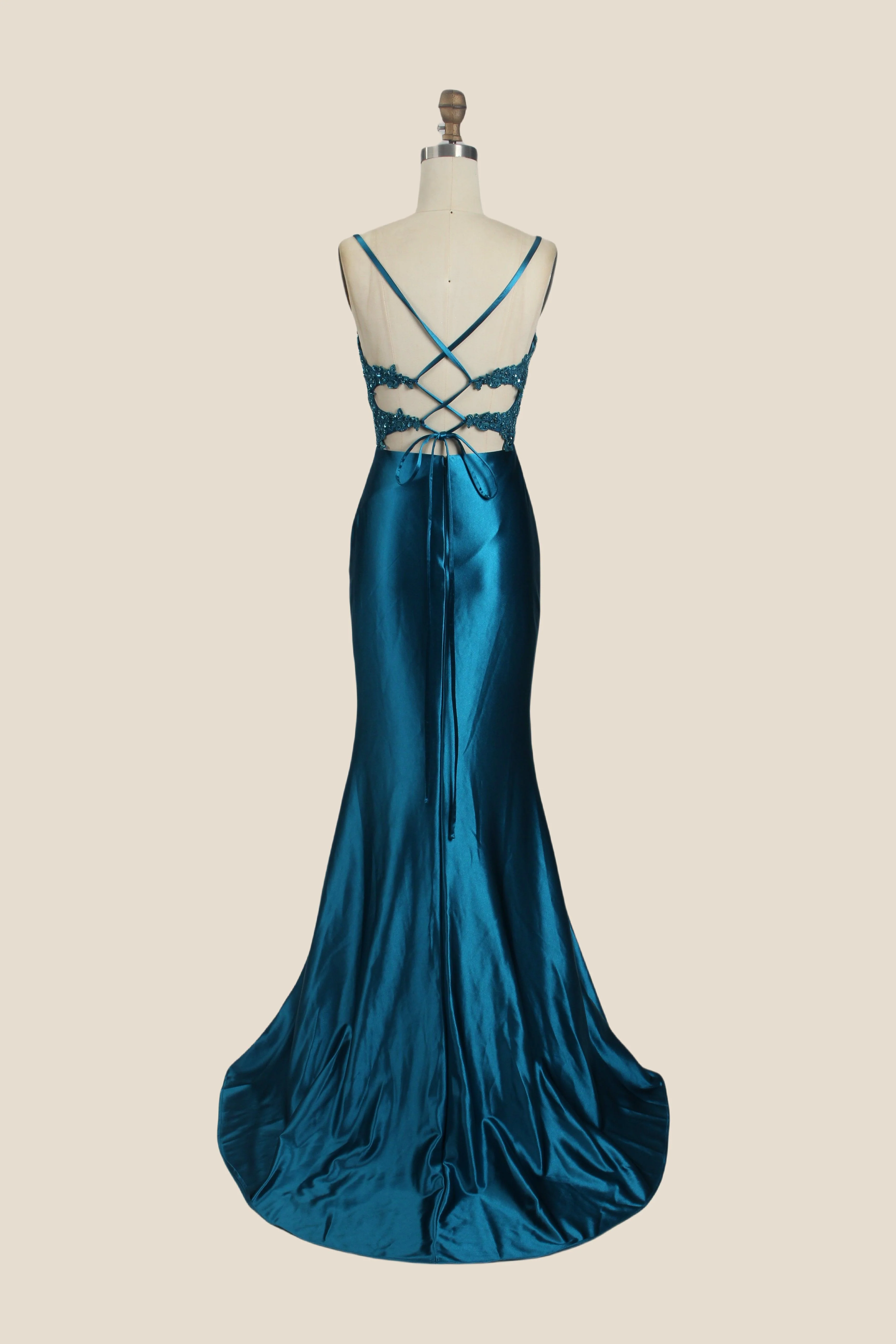 V-neck Sage Green Appliques Mermaid Long Dress - Image 13