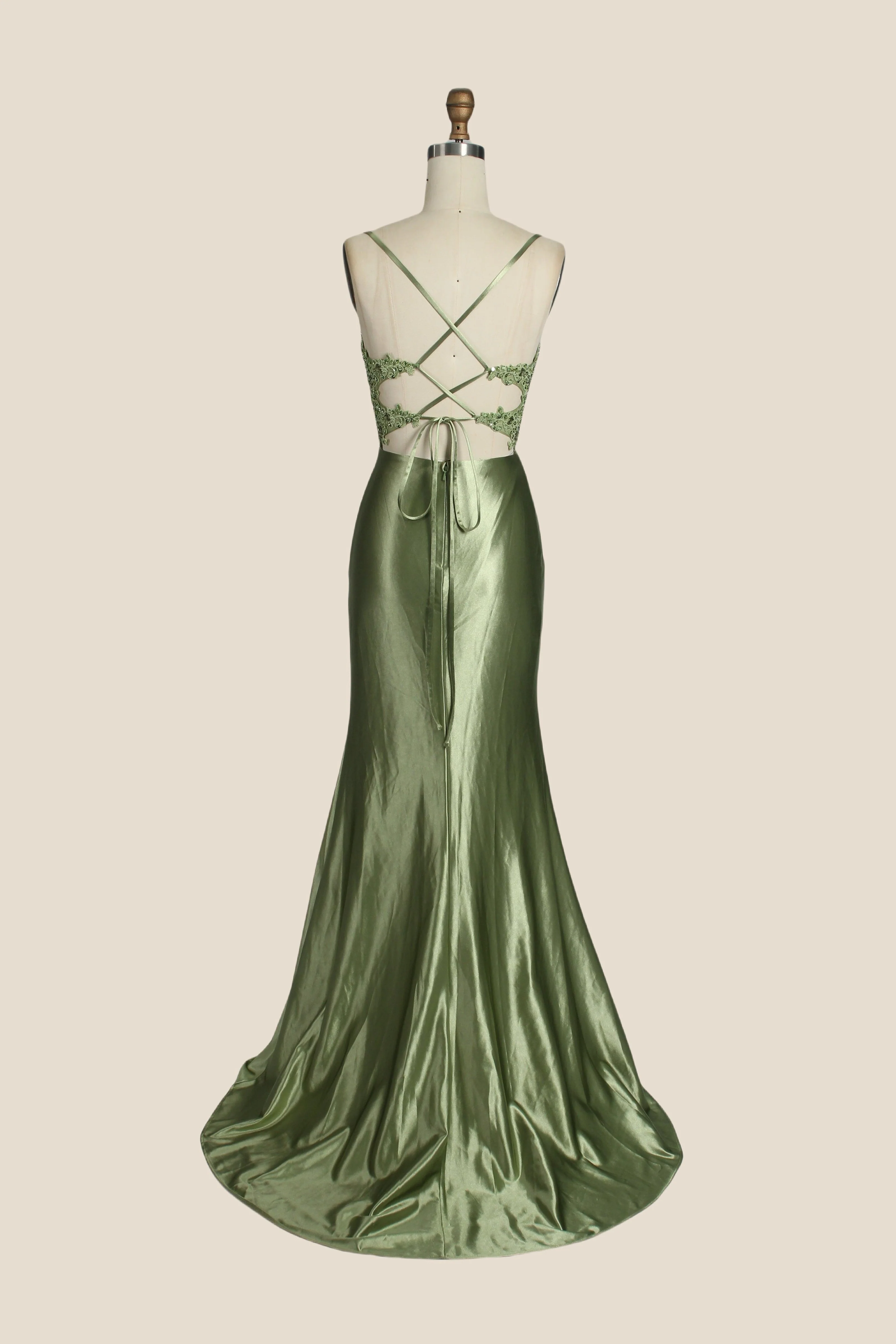 V-neck Sage Green Appliques Mermaid Long Dress - Image 2