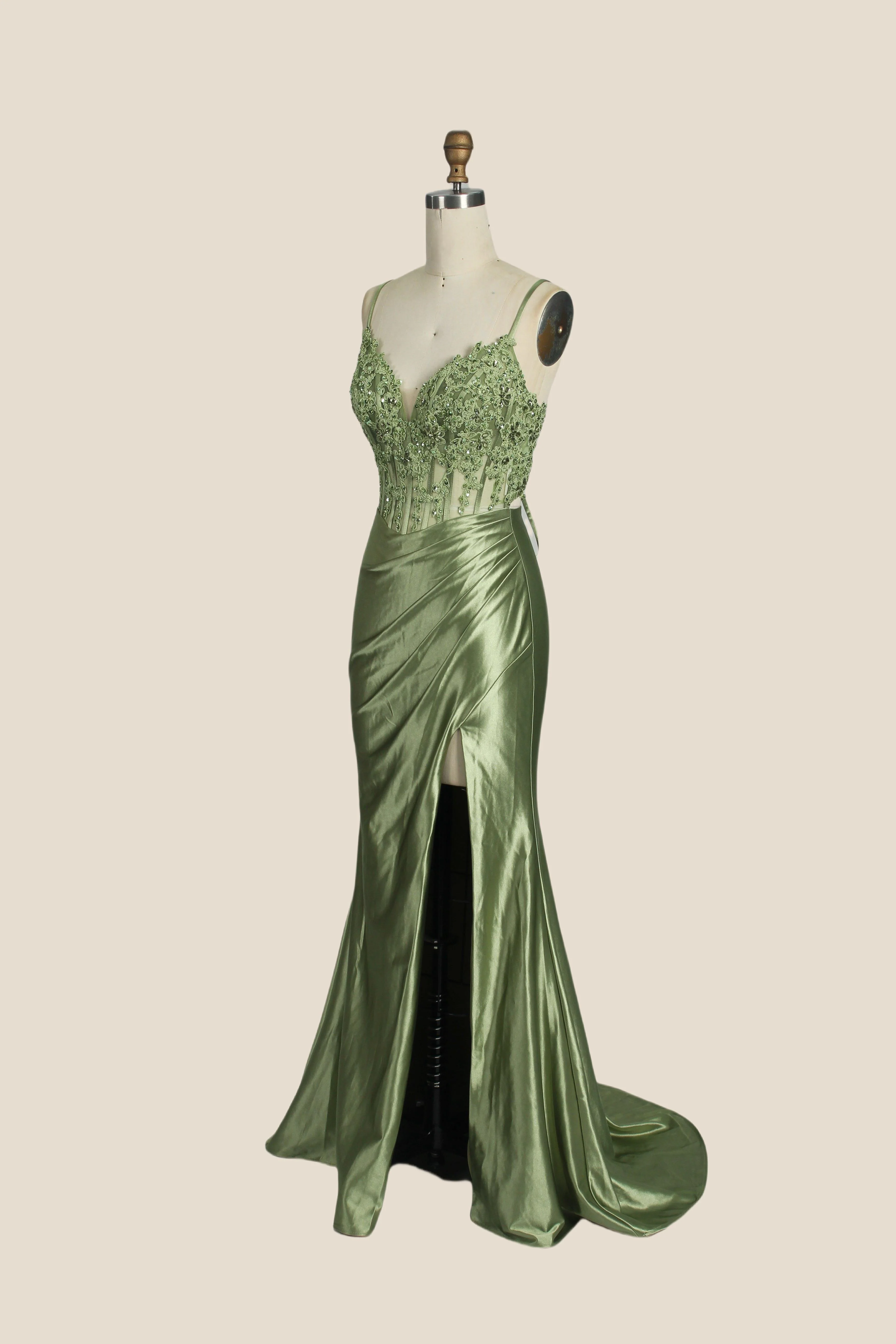 V-neck Sage Green Appliques Mermaid Long Dress - Image 3