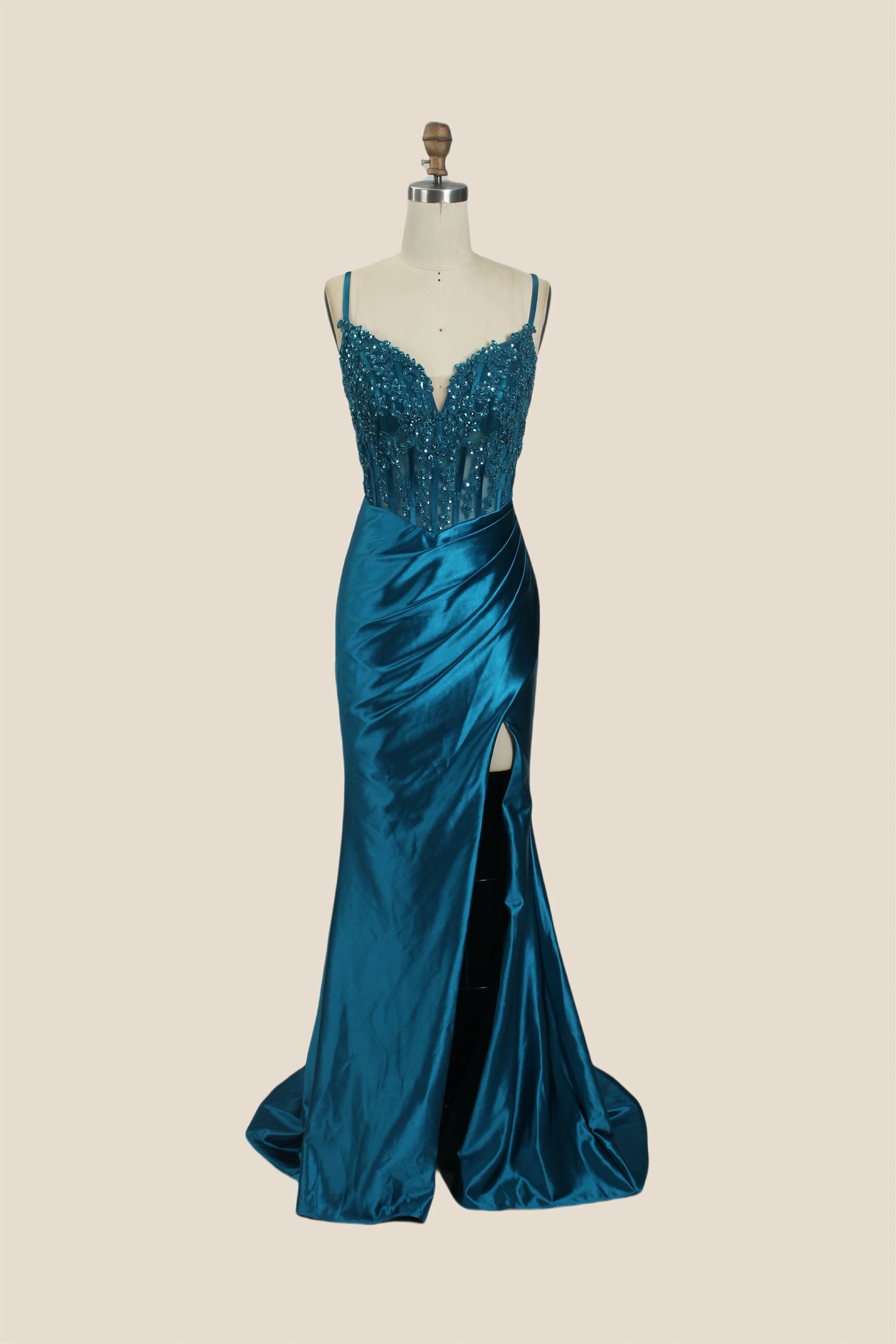 V-neck Sage Green Appliques Mermaid Long Dress - Image 7