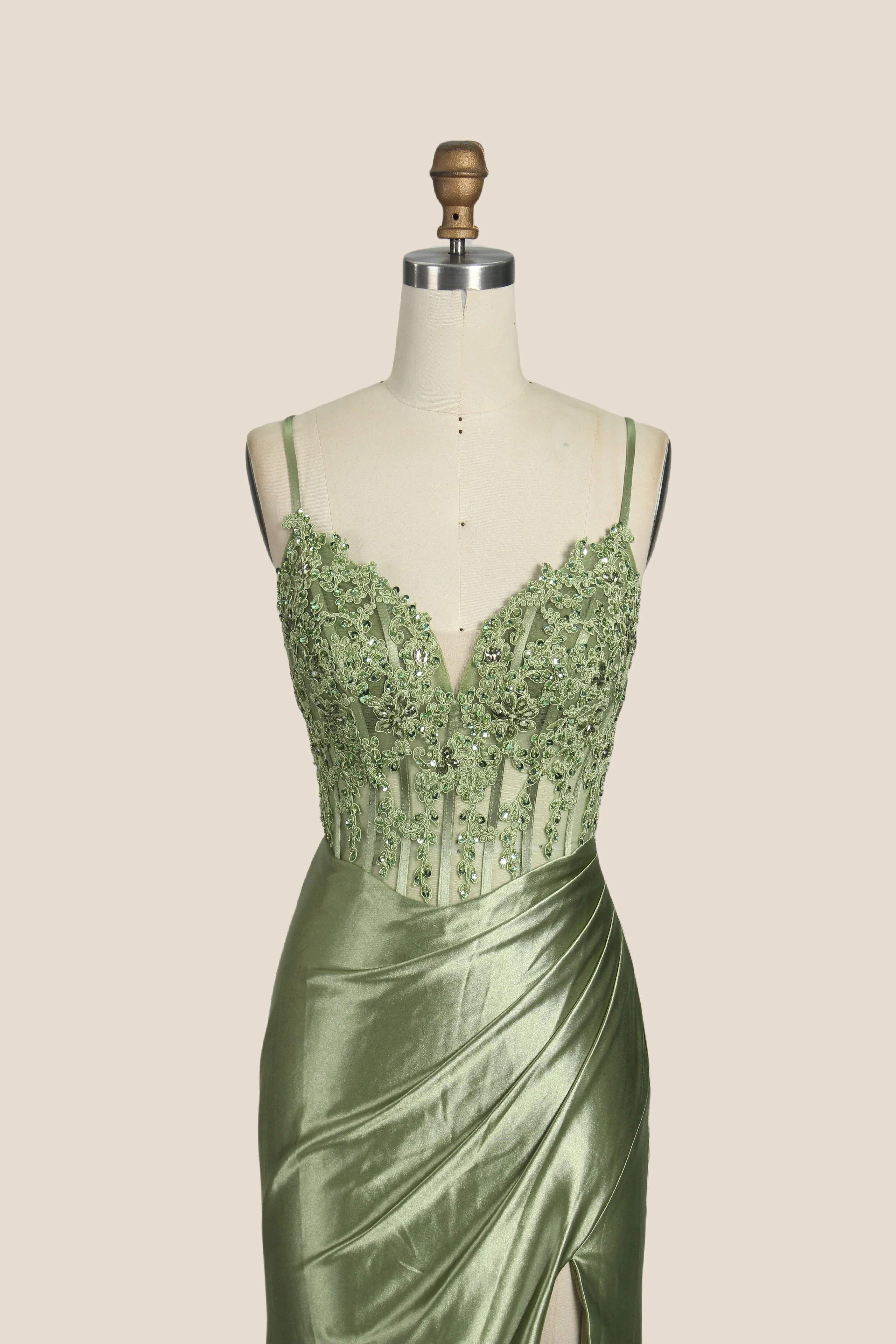 V-neck Sage Green Appliques Mermaid Long Dress - Image 9