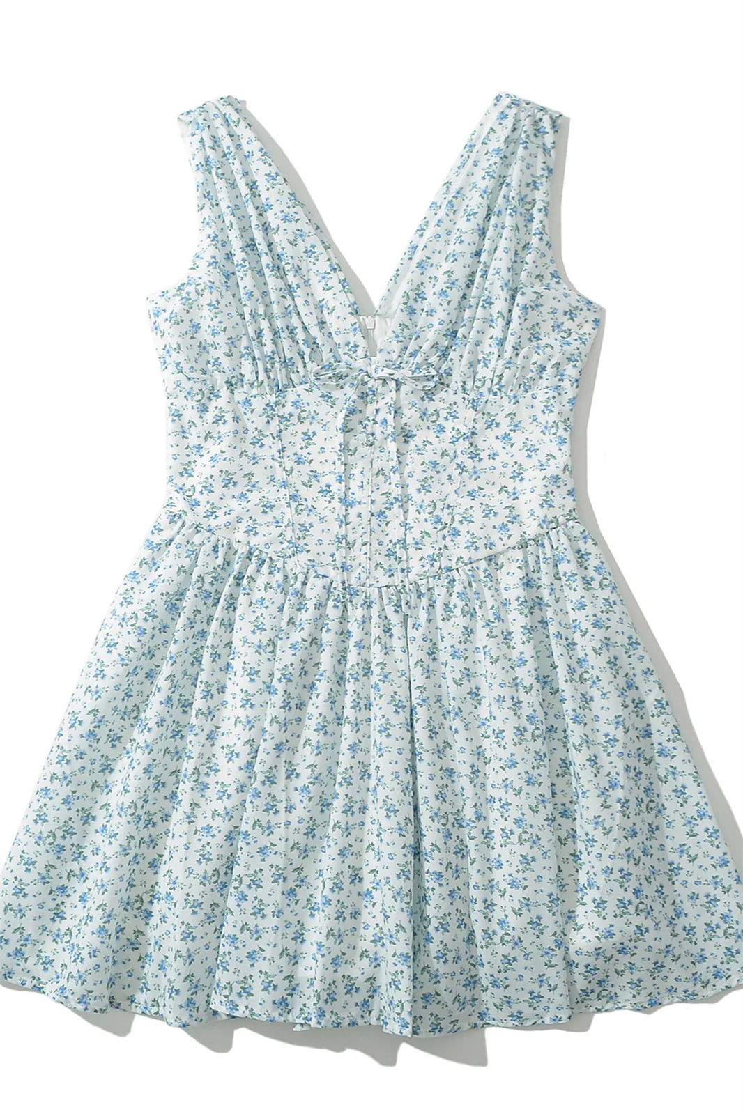V Neck White Floral Print Tie Short Dress - Image 3