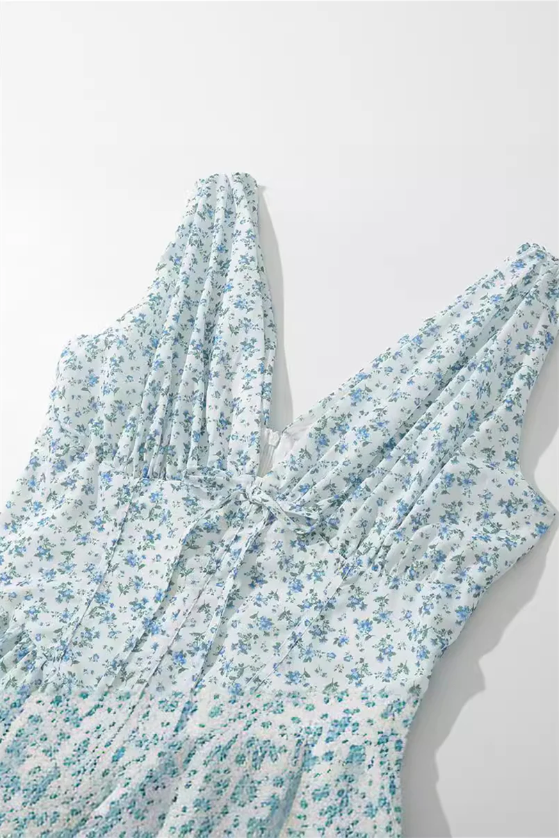 V Neck White Floral Print Tie Short Dress - Image 4