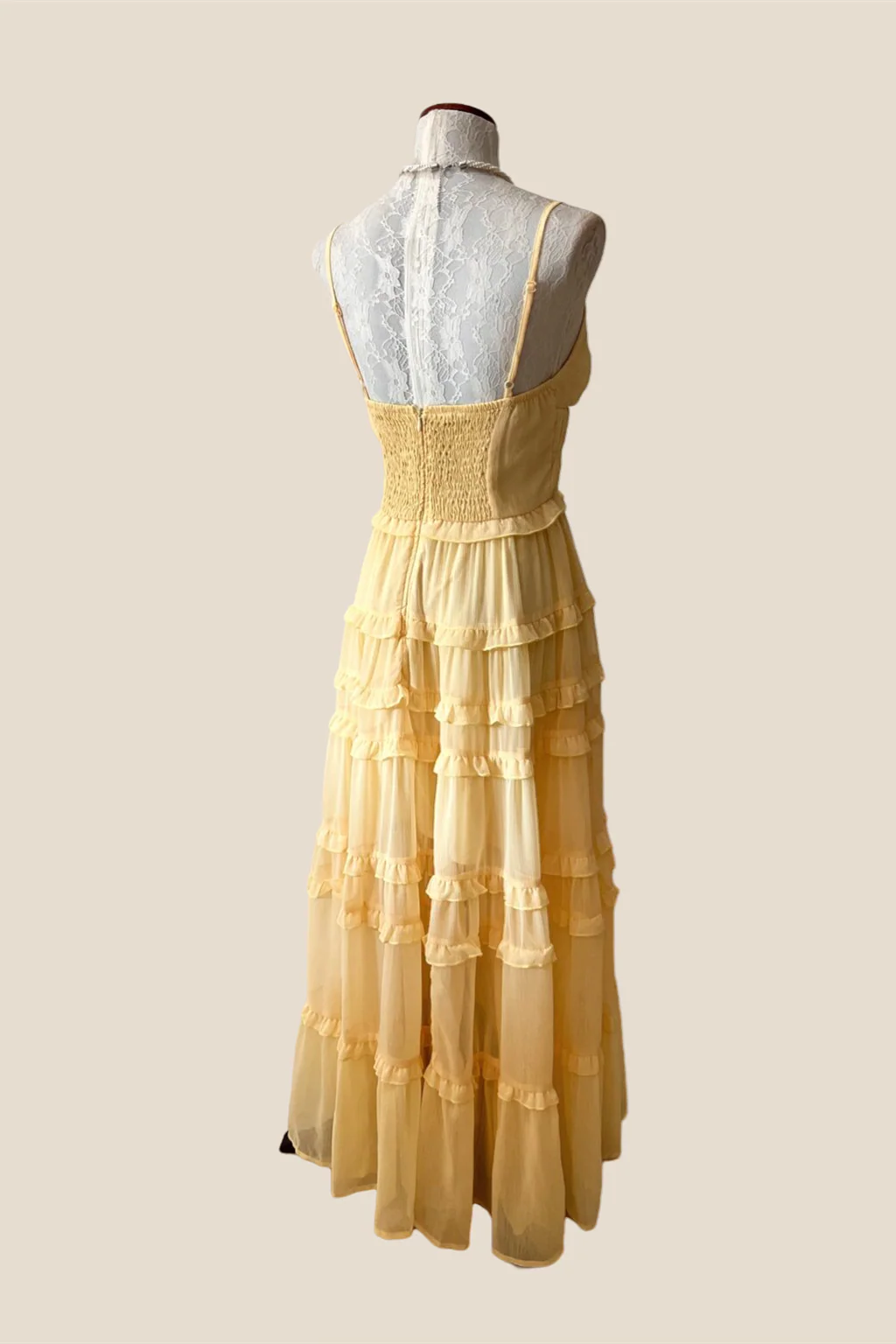 V-neck Yellow Ruffle Ruched Long Chiffon Dress - Image 2