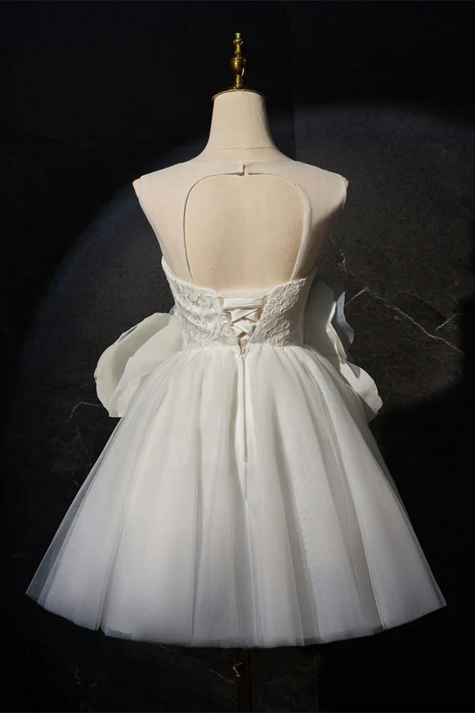 White Tulle A-line Short Dress with 3D Flowers - Image 2