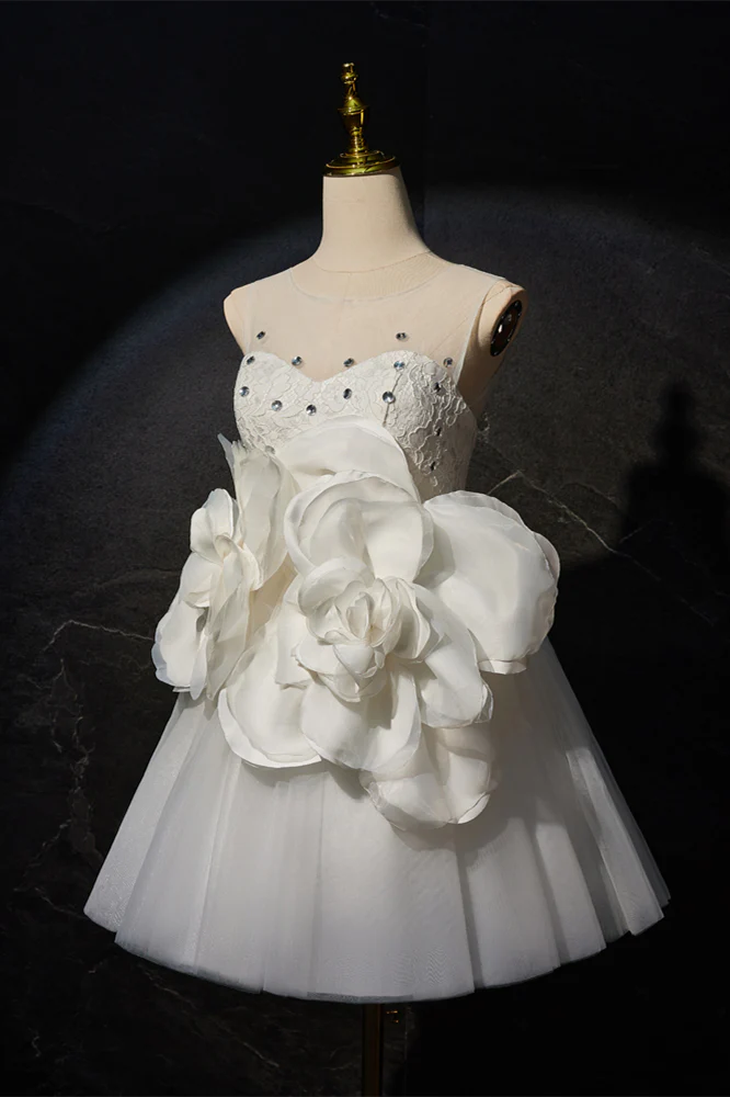 White Tulle A-line Short Dress with 3D Flowers - Image 3