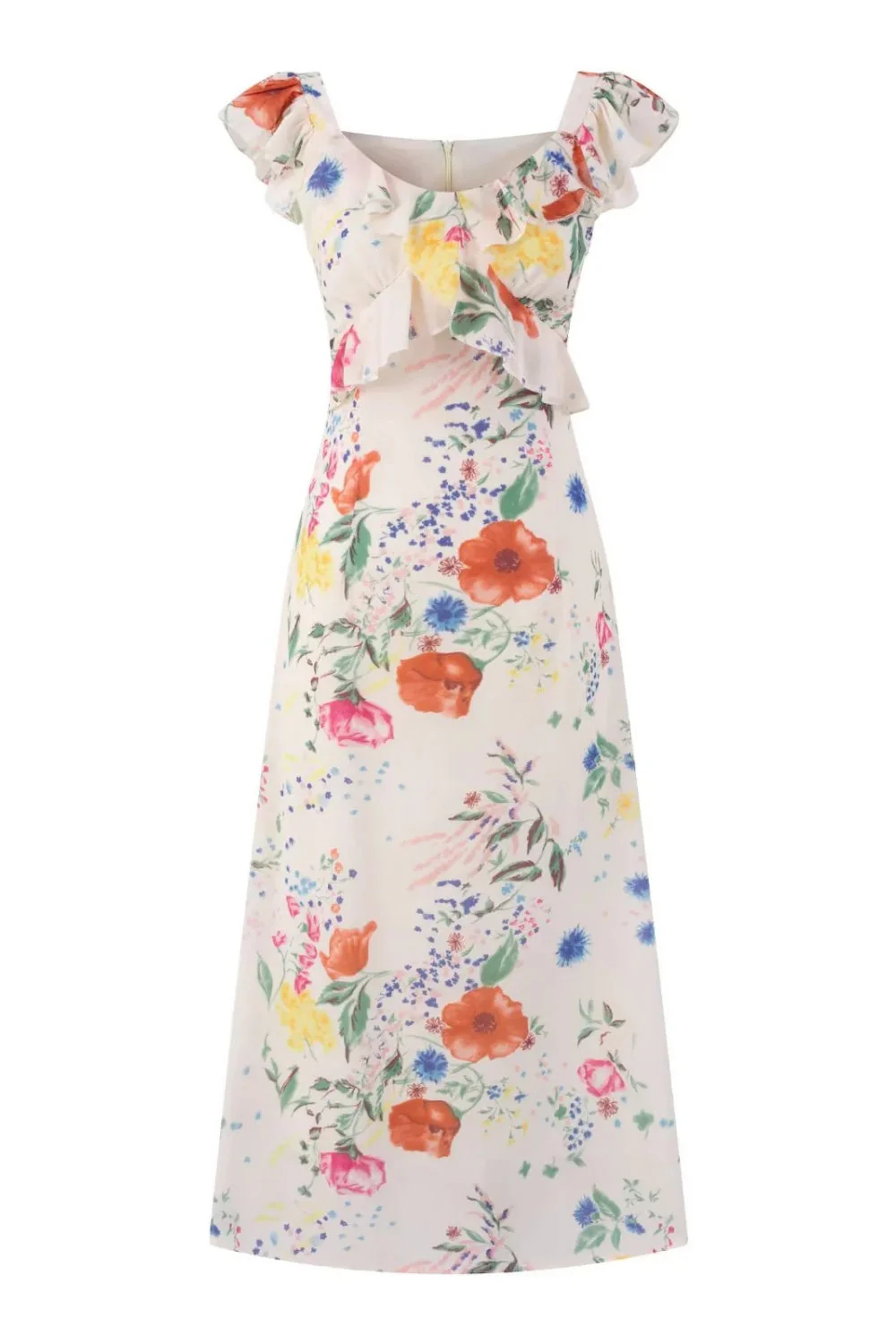 White Floral Round Neck Ruffle Long Dress