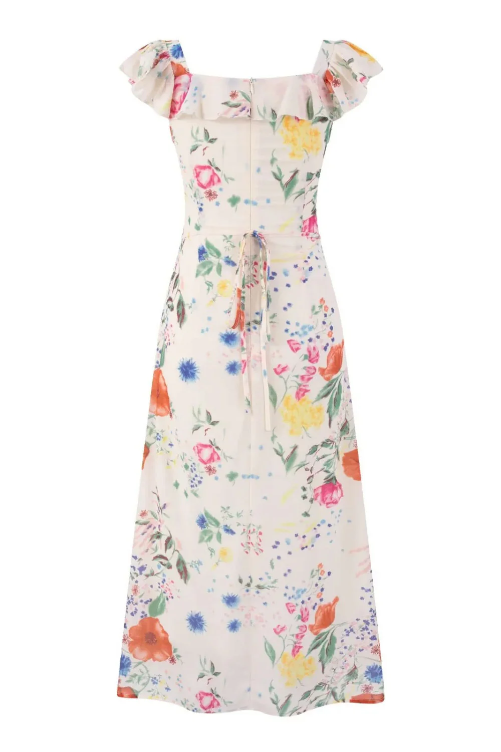 White Floral Round Neck Ruffle Long Dress - Image 2
