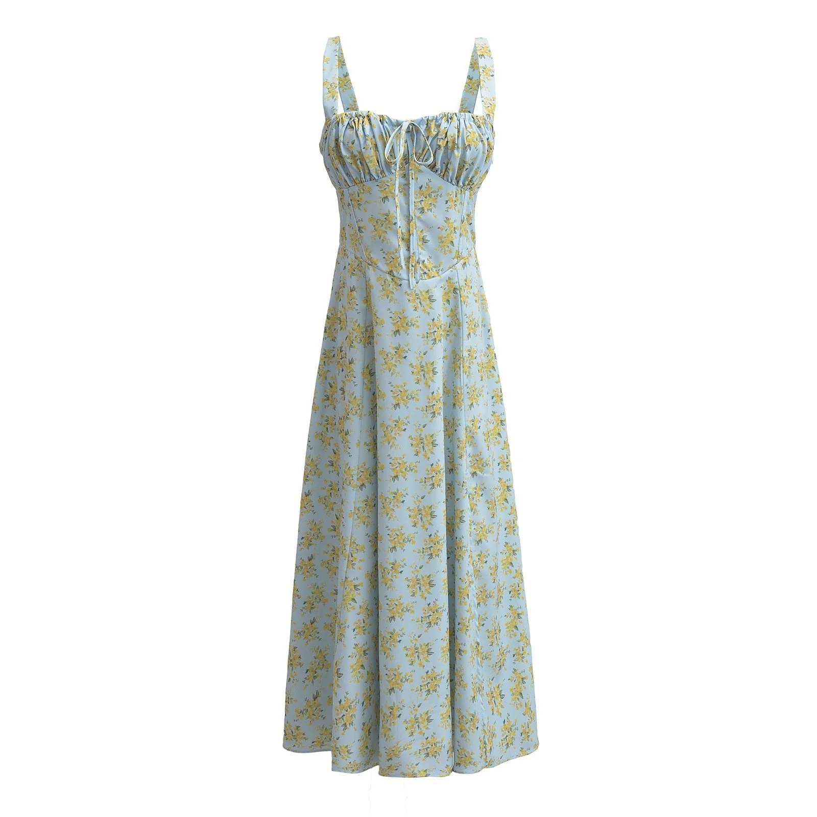 White Floral Ruched Neckline Bow Long Dress - Image 2