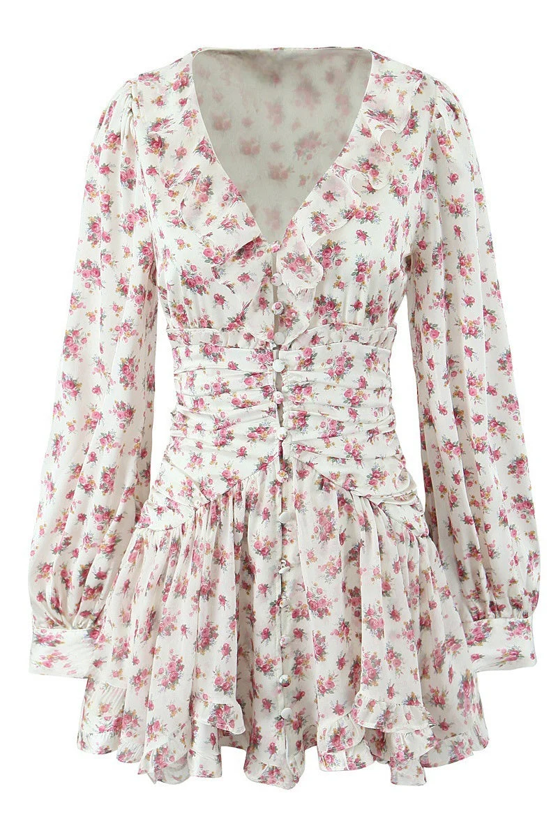 White Floral Ruched Short Party Dress
