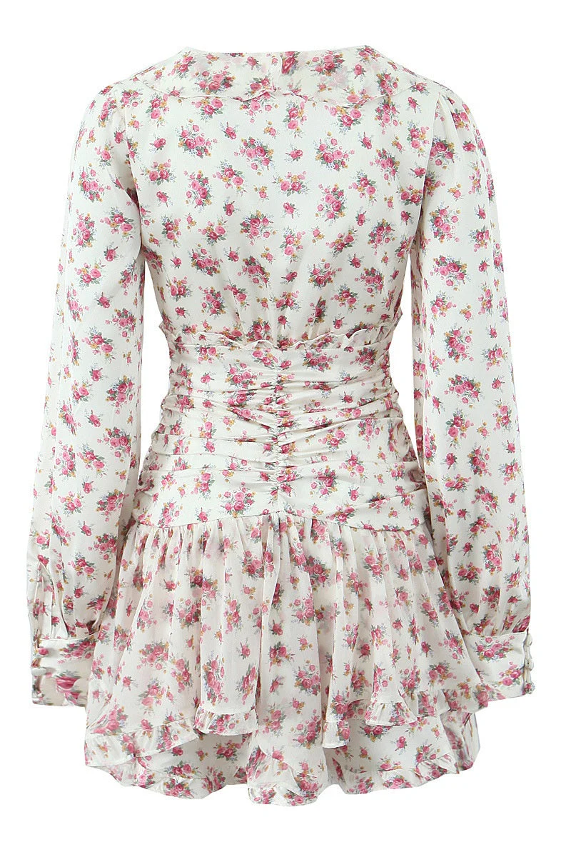 White Floral Ruched Short Party Dress - Image 2