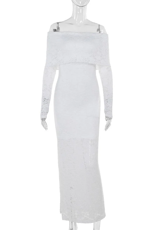 Long Sleeves White Lace Crepe Mermaid Dress - Image 3