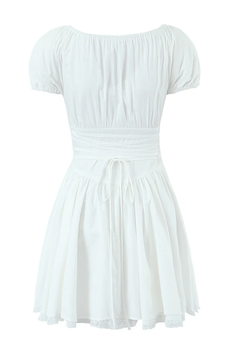 White Lace Patchwork Cotton Short Dress - Image 2
