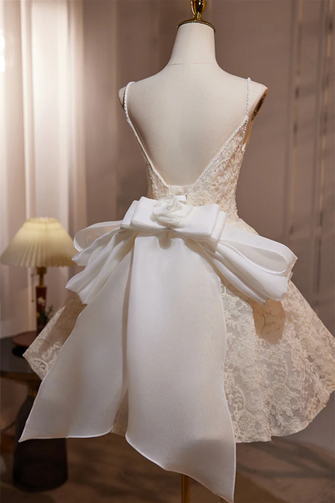 Ivory Lace Straps A-line Short Princess Dress - Image 2