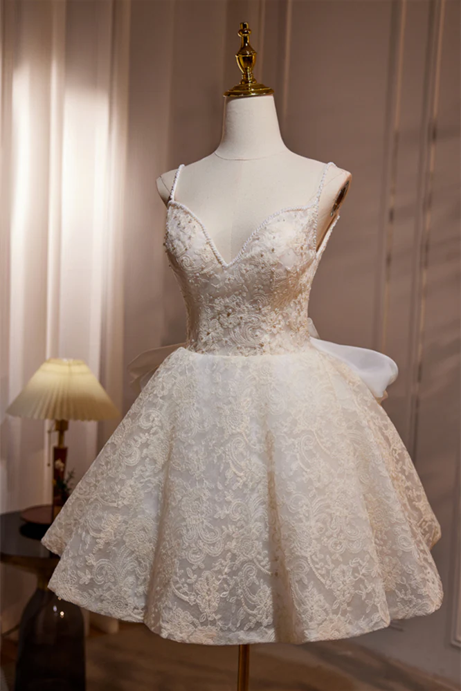 Ivory Lace Straps A-line Short Princess Dress - Image 3