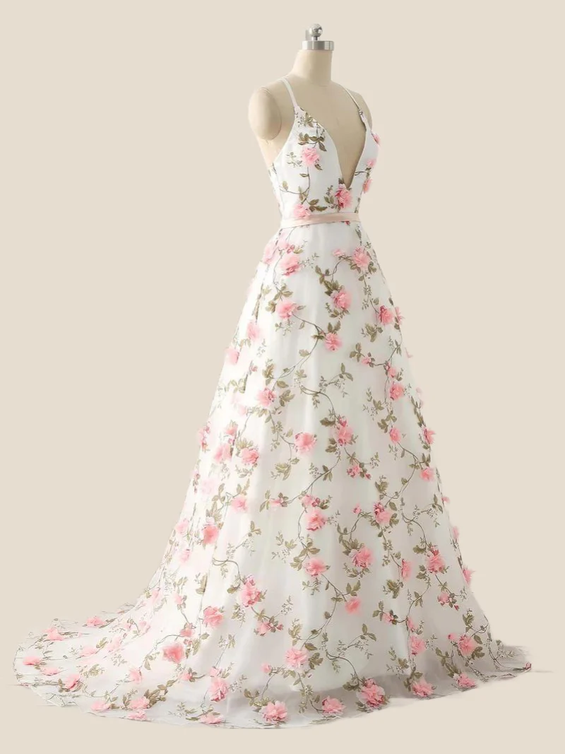 White Straps 3D Floral A-line Long Prom Dress - Image 3