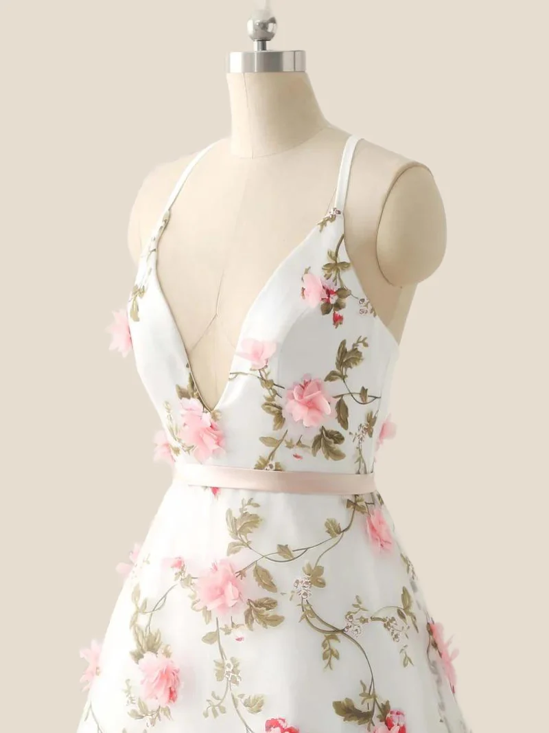 White Straps 3D Floral A-line Long Prom Dress - Image 6