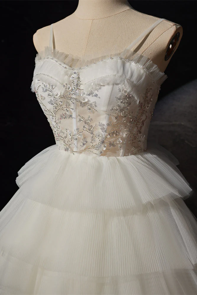 White Tiered Ruffle Hi-Low Ball Gown with Straps - Image 4