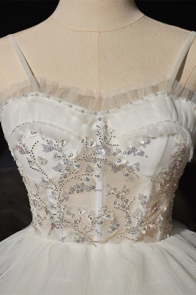 White Tiered Ruffle Hi-Low Ball Gown with Straps - Image 5