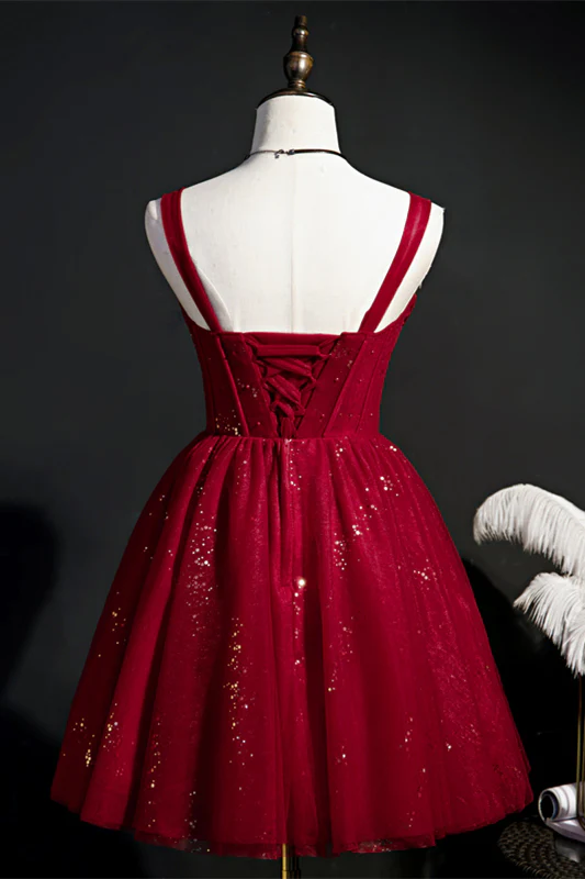 Wine Red Corset Tulle Short Princess Dress - Image 2