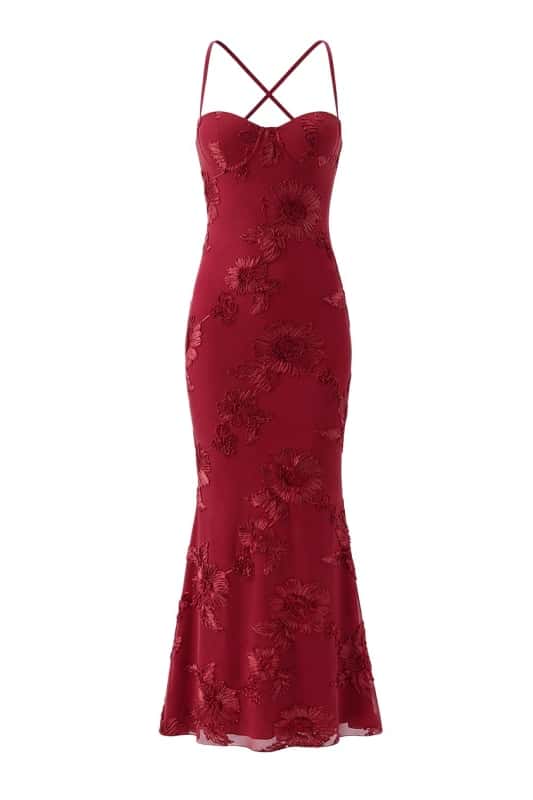 Wine Red Embroidered Fitted Straps Dress