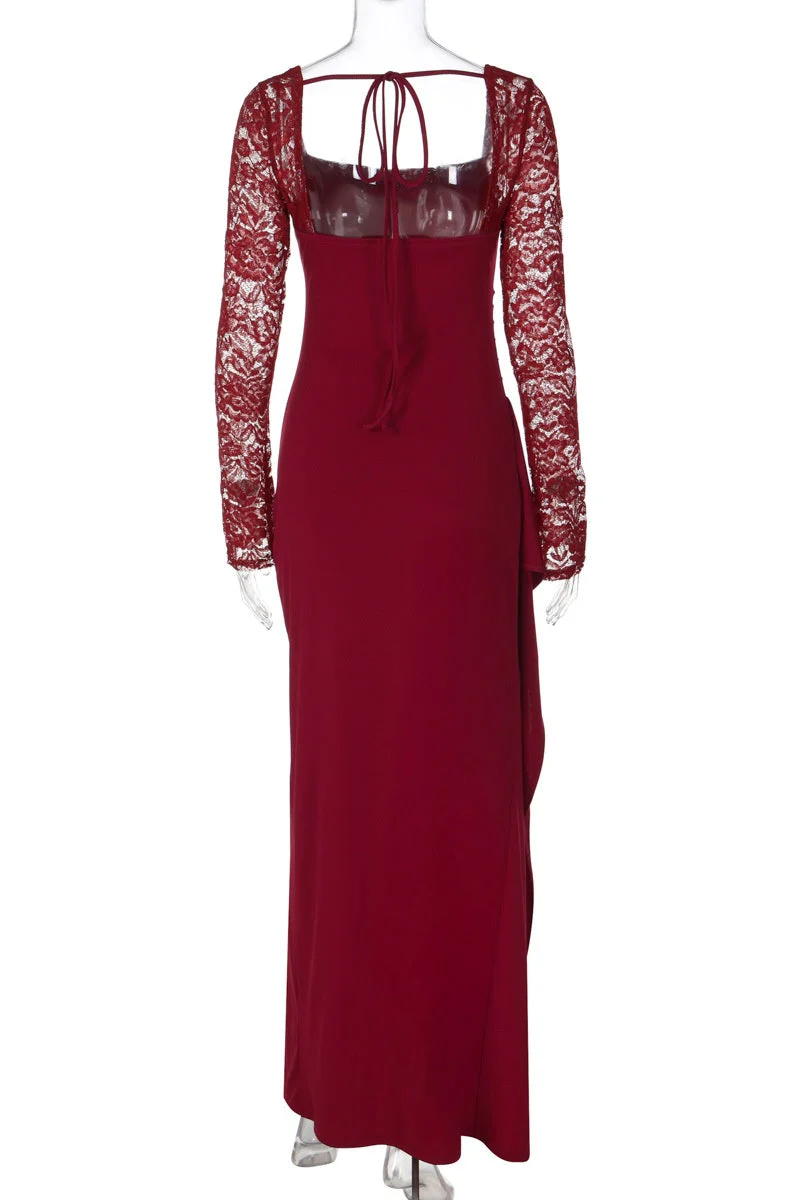 Wine Red Long Sleeves Frill Slit Long Dress - Image 2