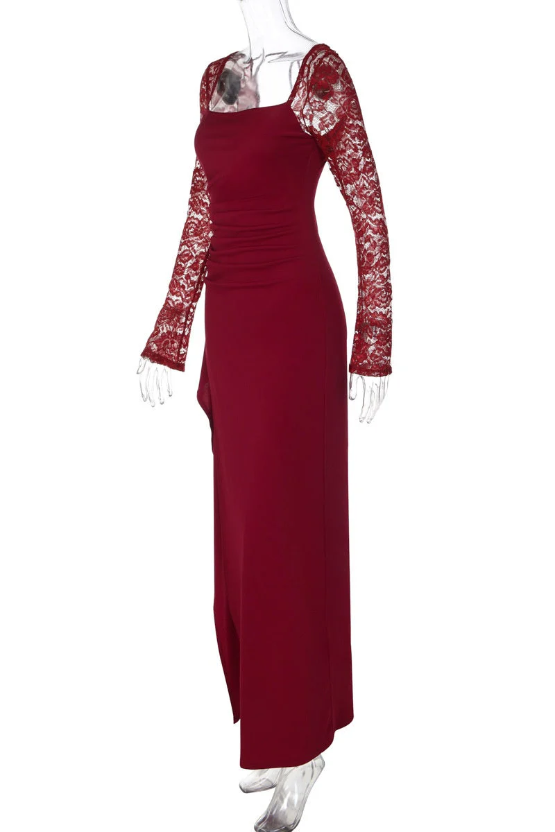 Wine Red Long Sleeves Frill Slit Long Dress - Image 3
