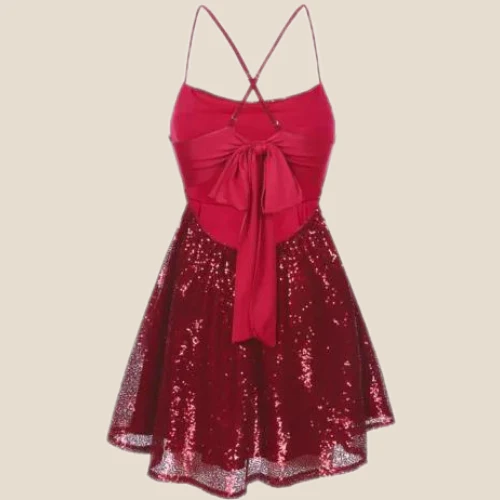 Wine Red Sequin Short Dress with Bow Back - Image 2