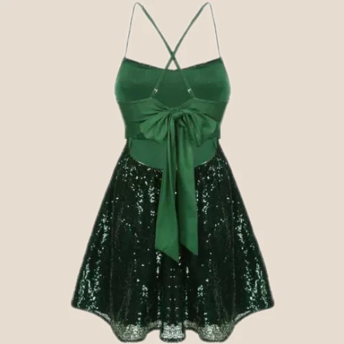 Wine Red Sequin Short Dress with Bow Back - Image 5