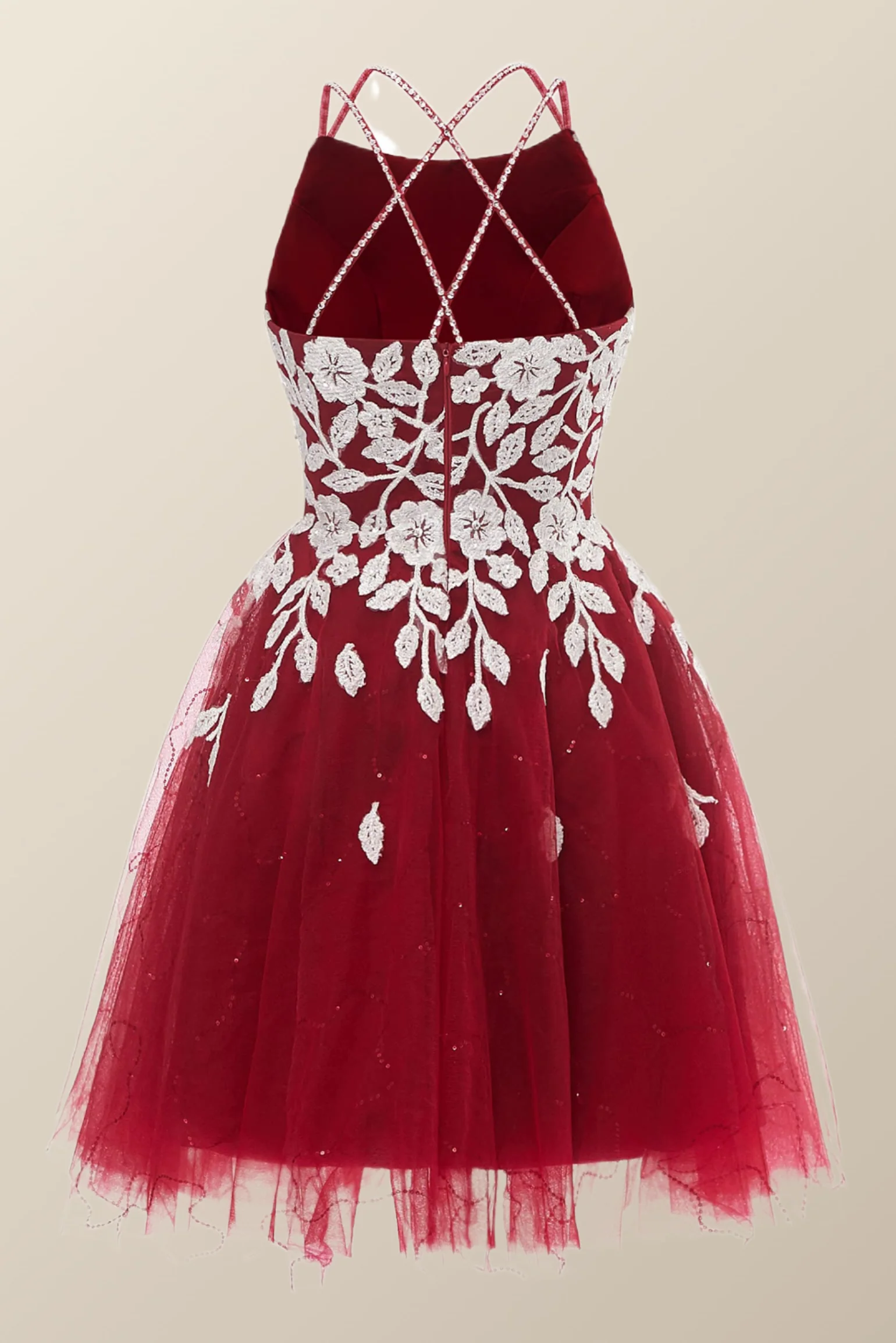 Wine Red Tulle and White Appliques A-line Dress - Image 2