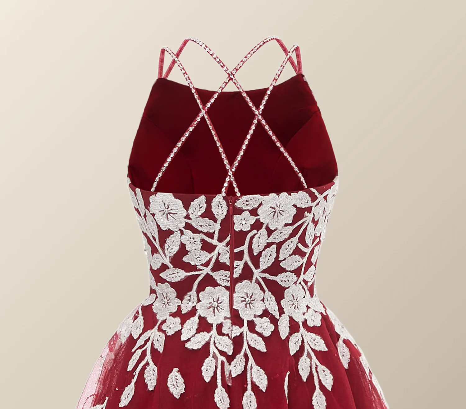 Wine Red Tulle and White Appliques A-line Dress - Image 3