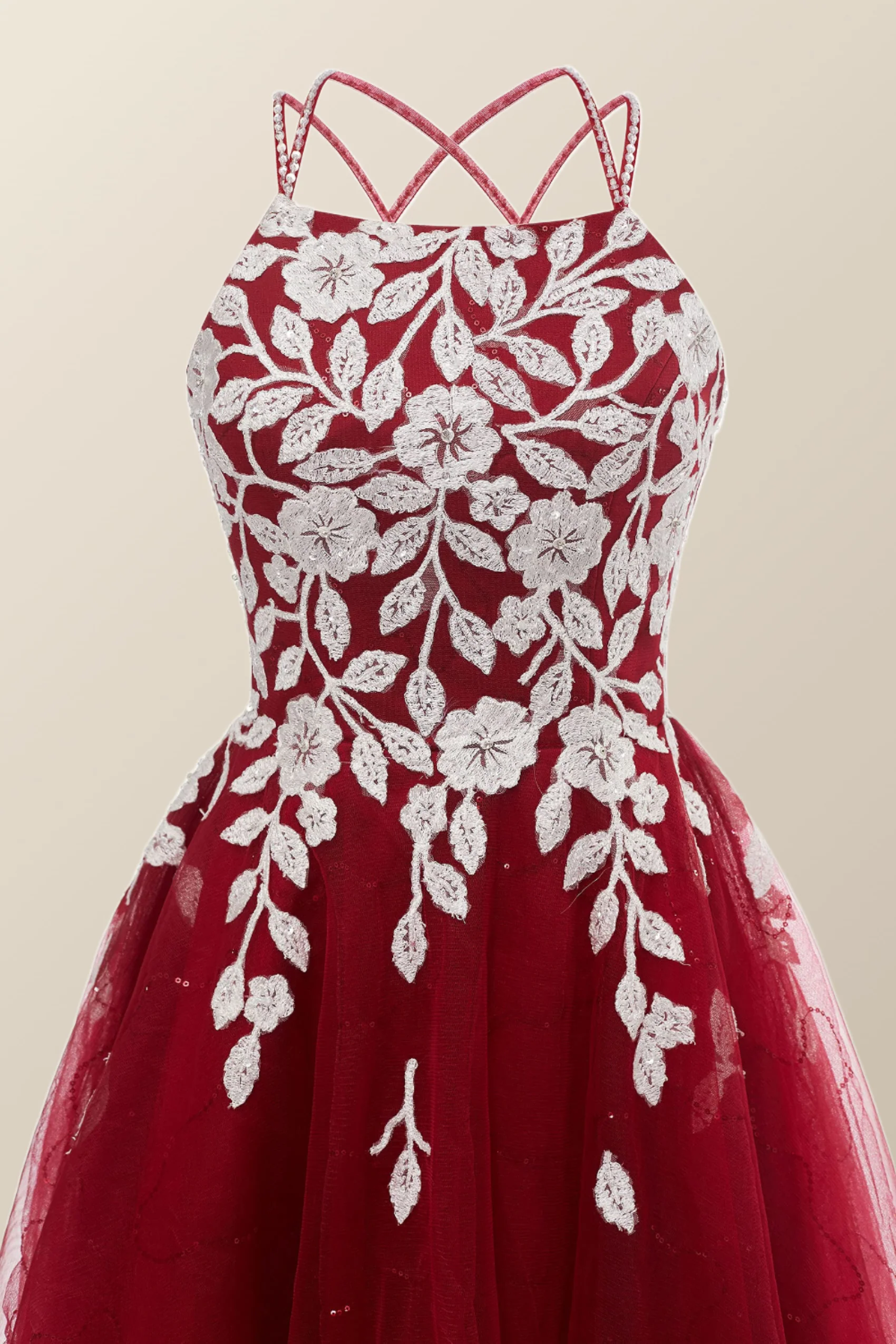 Wine Red Tulle and White Appliques A-line Dress - Image 4