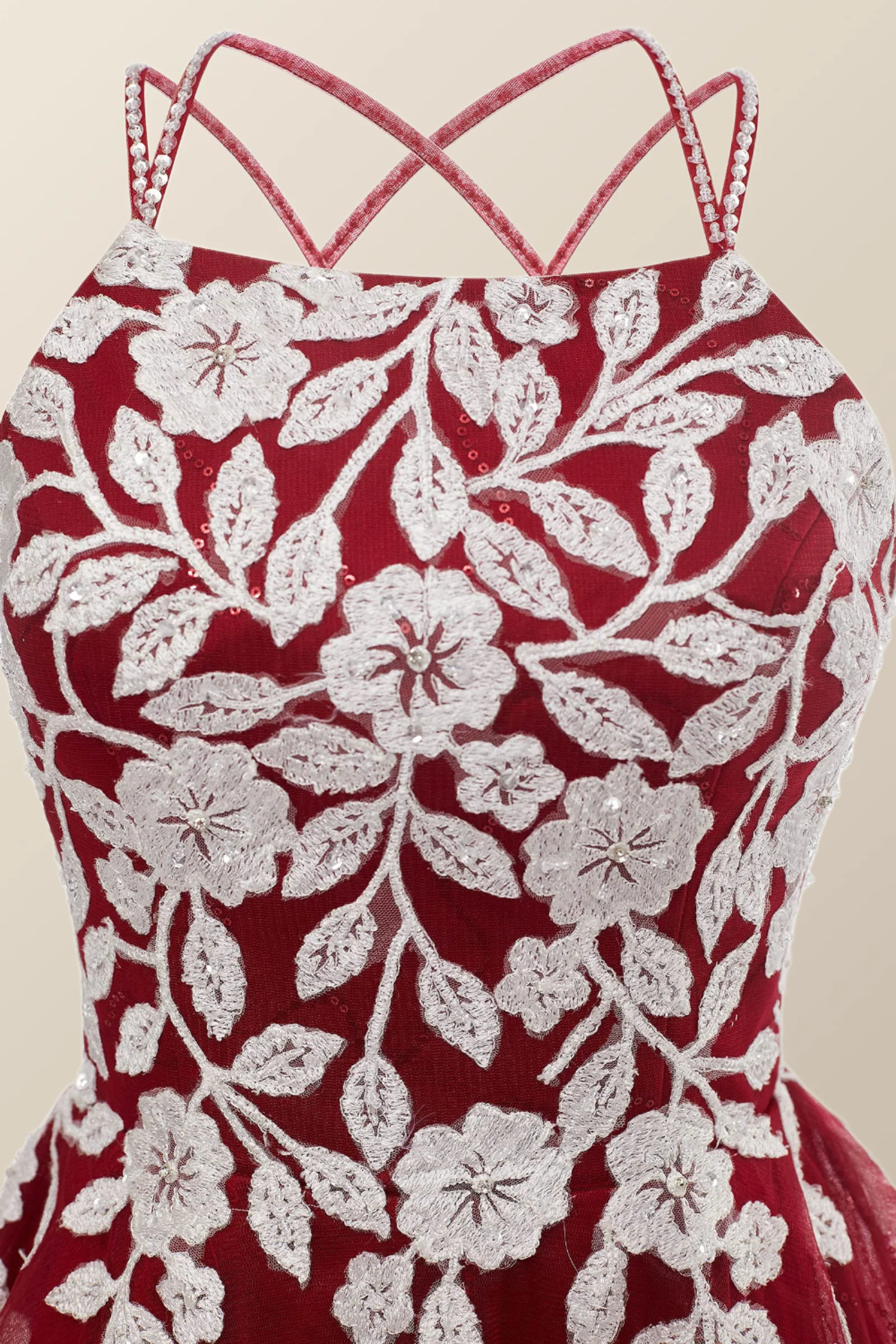Wine Red Tulle and White Appliques A-line Dress - Image 5