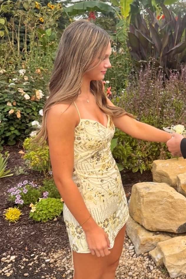 Yellow Beaded Straps Fitted Short Dress - Image 2