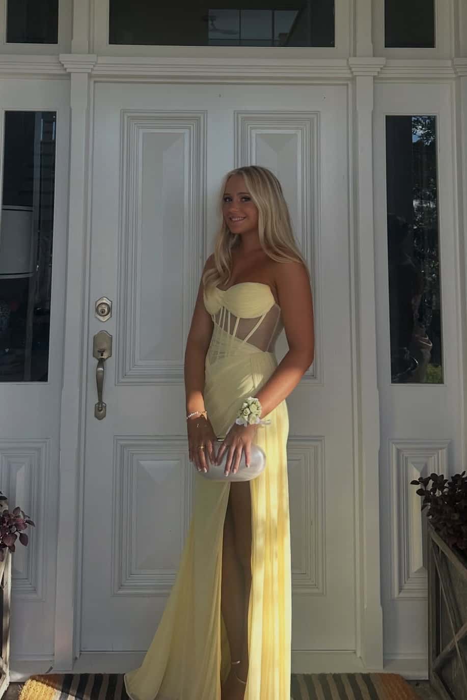 Yellow Corset Ruched Slit Long Prom Dress - Image 3