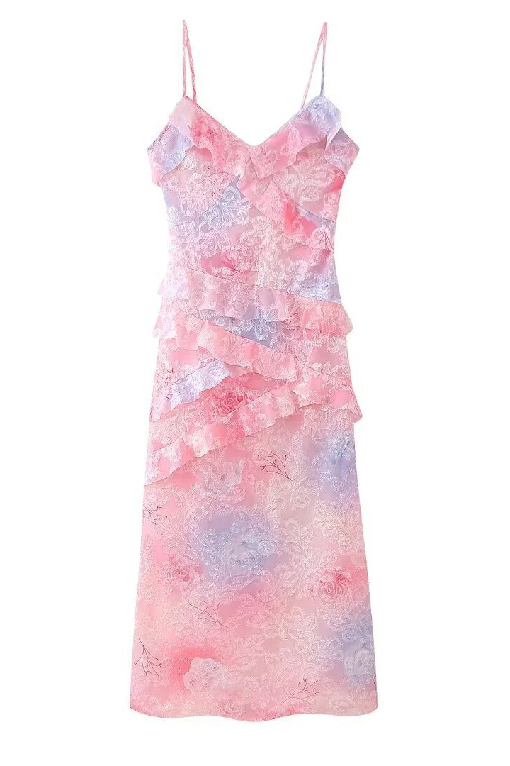 Yellow Floral Print Ruffles Long Summer Dress - Image 8