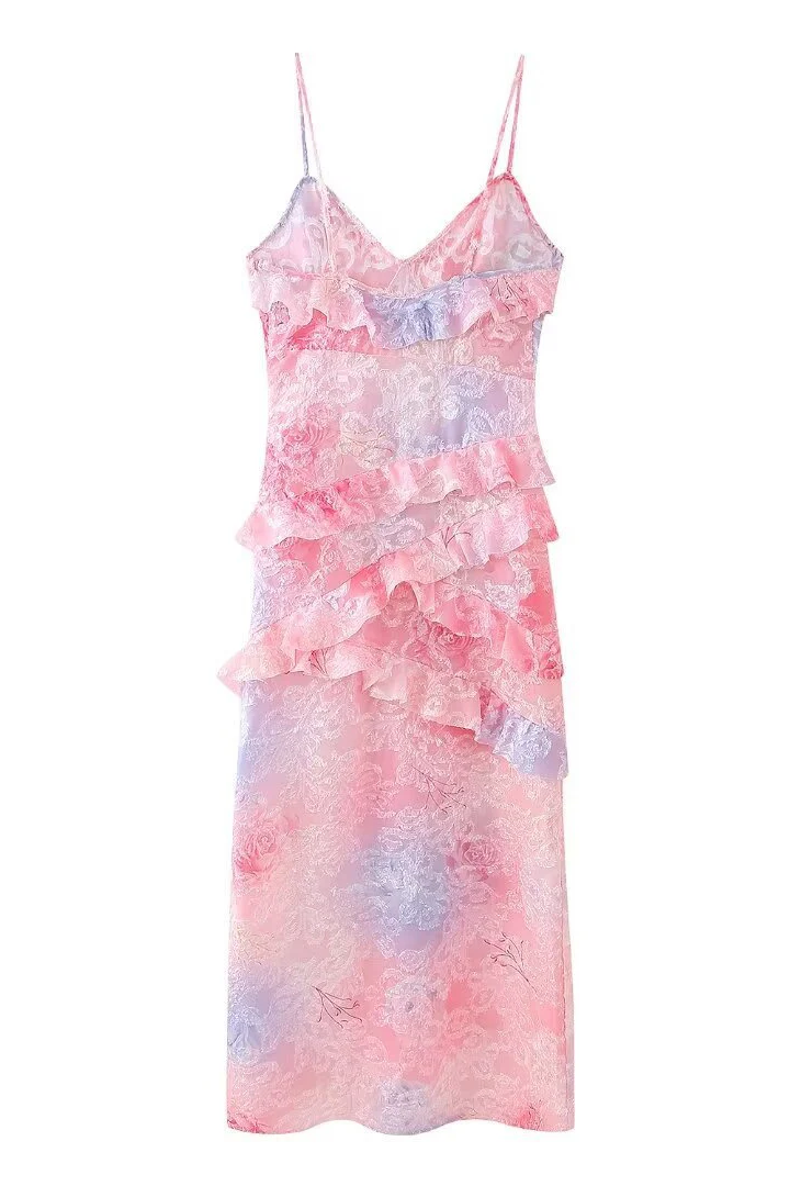 Yellow Floral Print Ruffles Long Summer Dress - Image 9