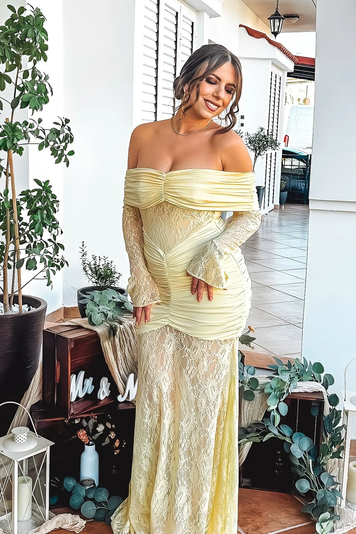 Yellow Lace Off the Shoulder Long Sleeves Dress - Image 2