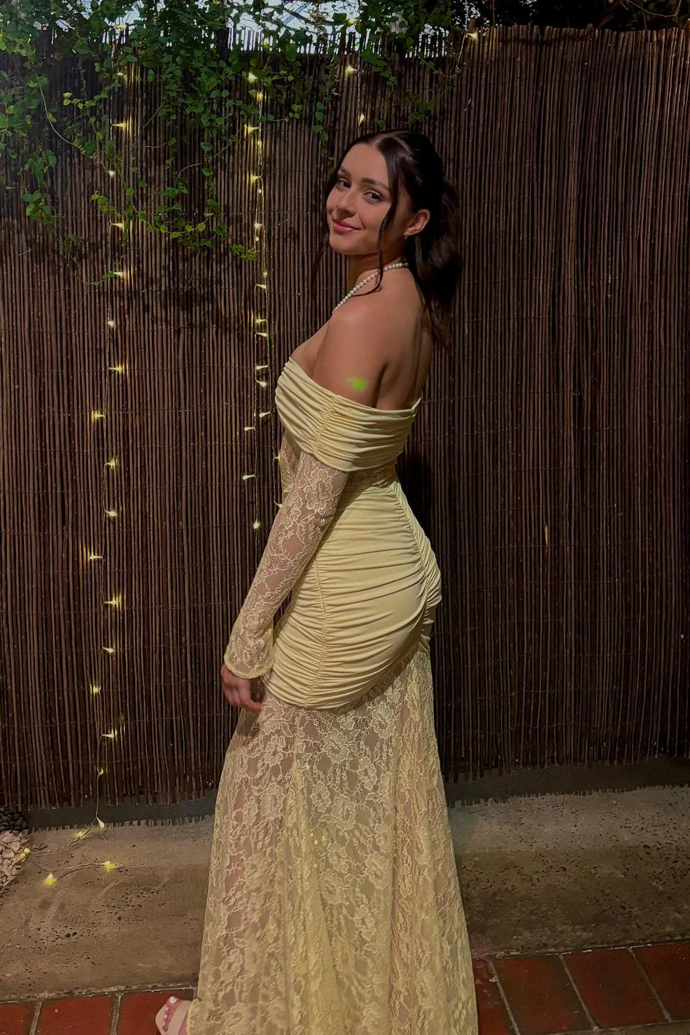 Yellow Lace Off the Shoulder Long Sleeves Dress - Image 3