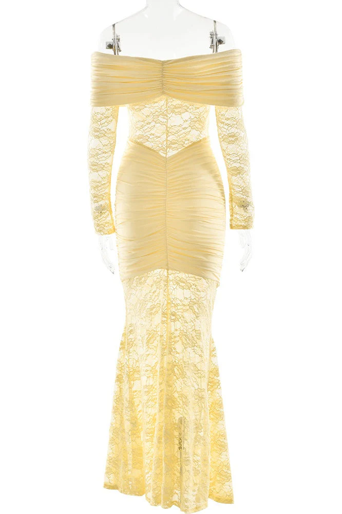 Yellow Lace Off the Shoulder Long Sleeves Dress - Image 5