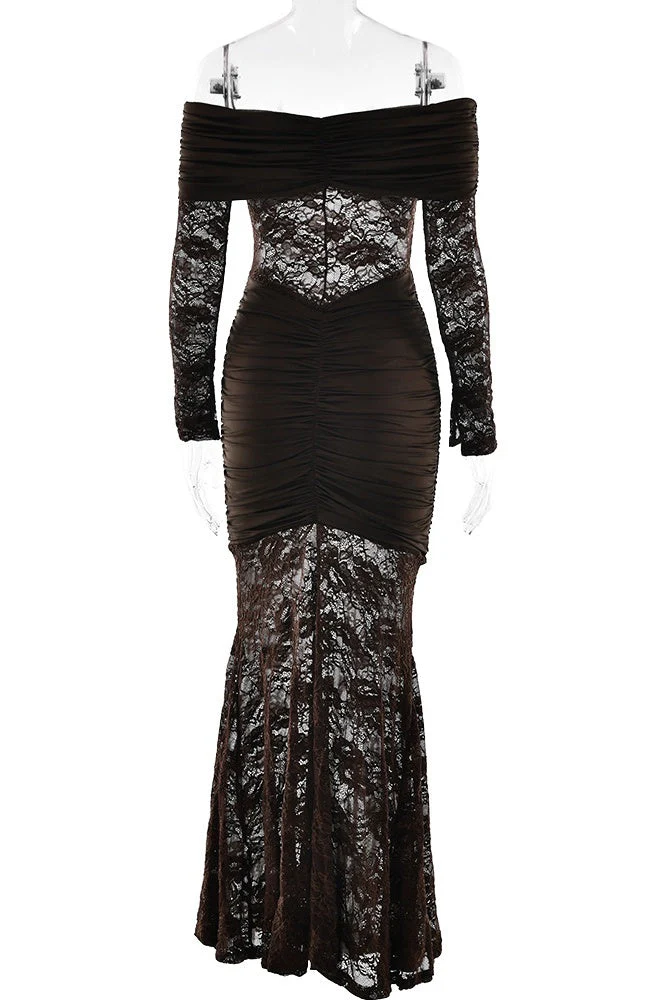 Yellow Lace Off the Shoulder Long Sleeves Dress - Image 6