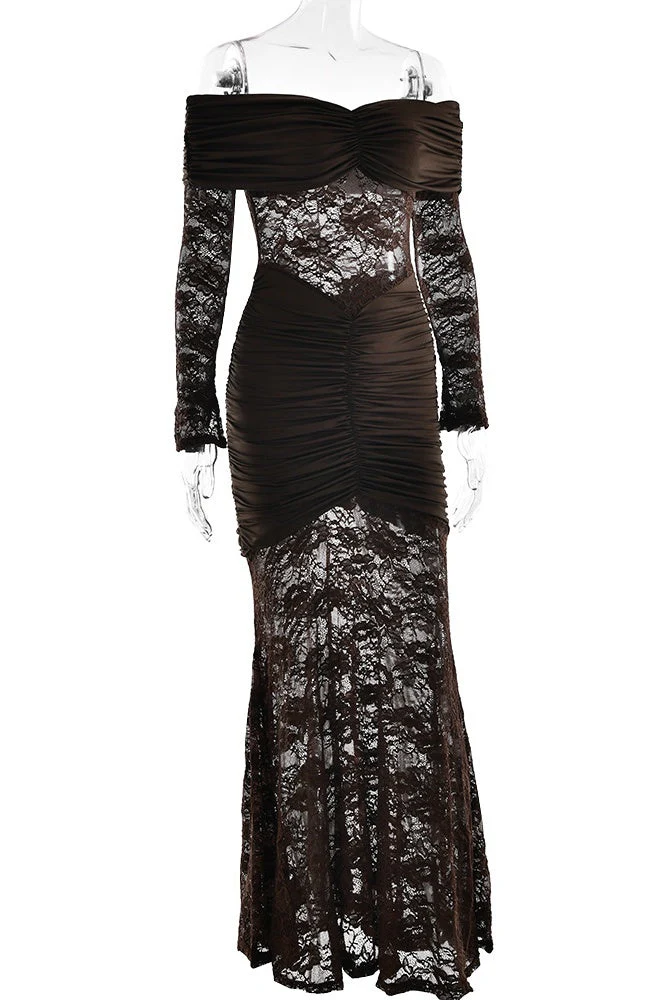 Yellow Lace Off the Shoulder Long Sleeves Dress - Image 7