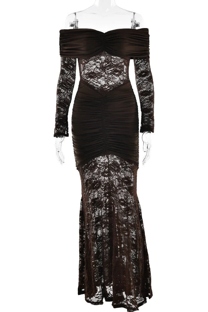 Yellow Lace Off the Shoulder Long Sleeves Dress - Image 8