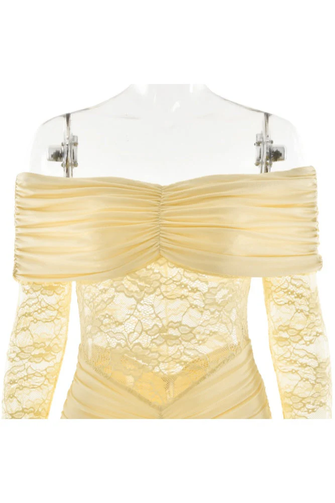 Yellow Lace Off the Shoulder Long Sleeves Dress - Image 9