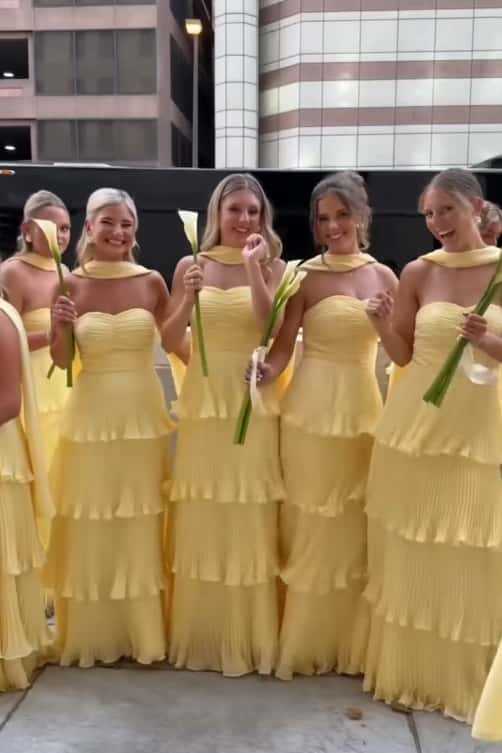 Yellow Pleated Tiered Maxi Dress with Scarf - Image 2